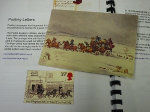 The Devonport mail coach of 1837 on a postcard from the Post Office Collection  / National Postal Museum above the Bath mail coach of 1784 featured on a UK stamp in my Proof reading copy  of Charles Darwin: A Celebration in Stamps